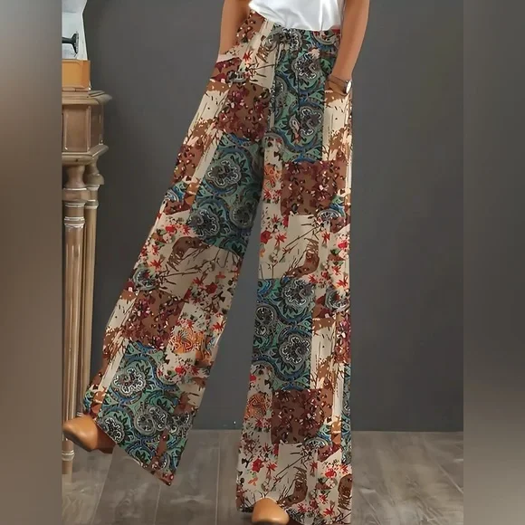 NEW Floral Boho Wide Leg Pants with Elastic Waist and Pockets! Easy Travel Pants - Picture 1 of 2